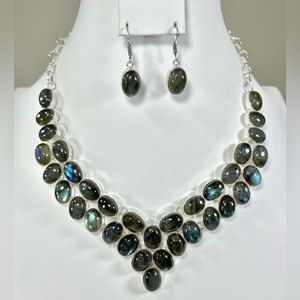 Labradorite 925 Large Gemstone Necklace & Earrings